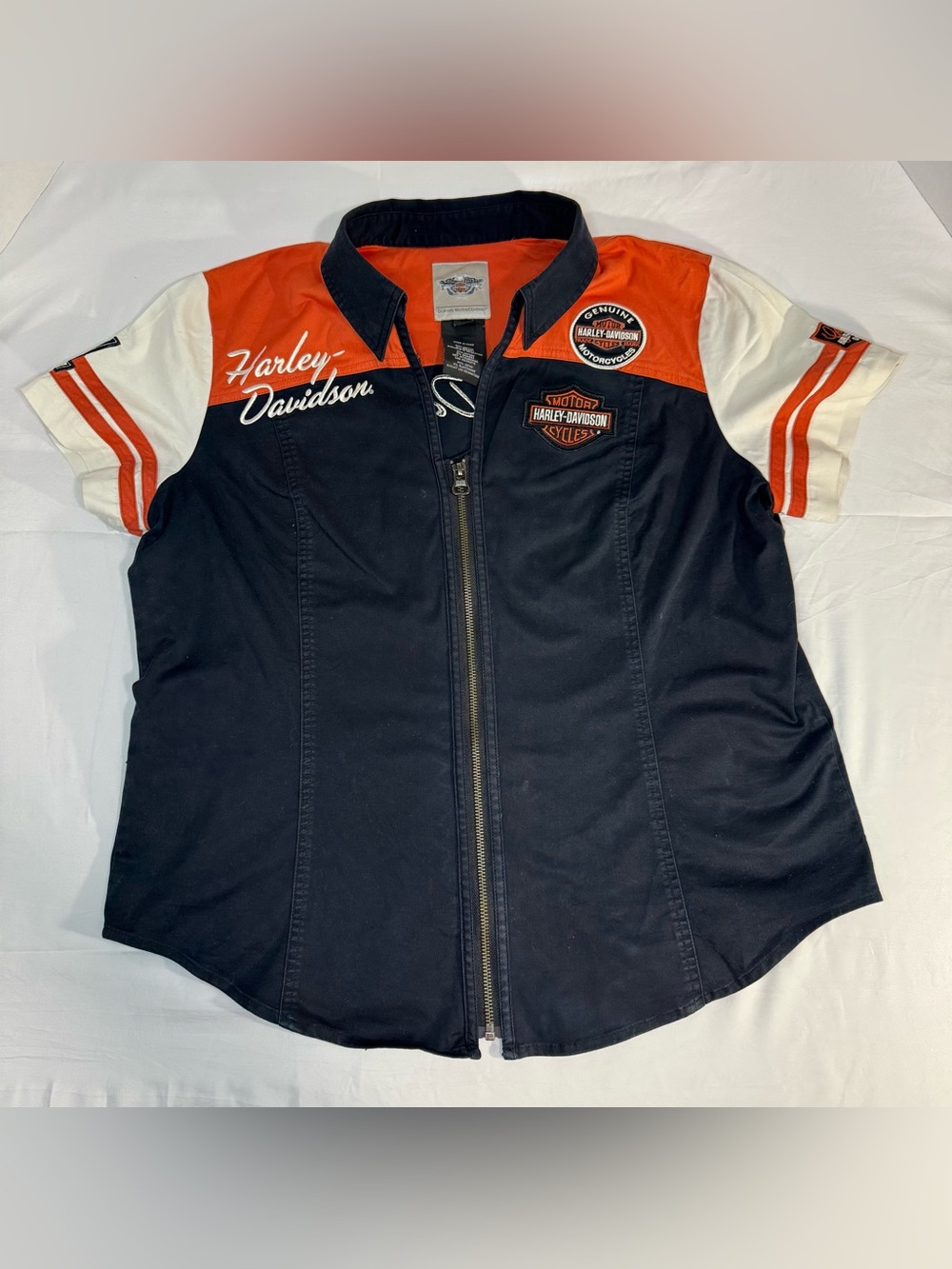 Harley Davidson Womens XL Zip Front Moto Racing Shirt Embroidered